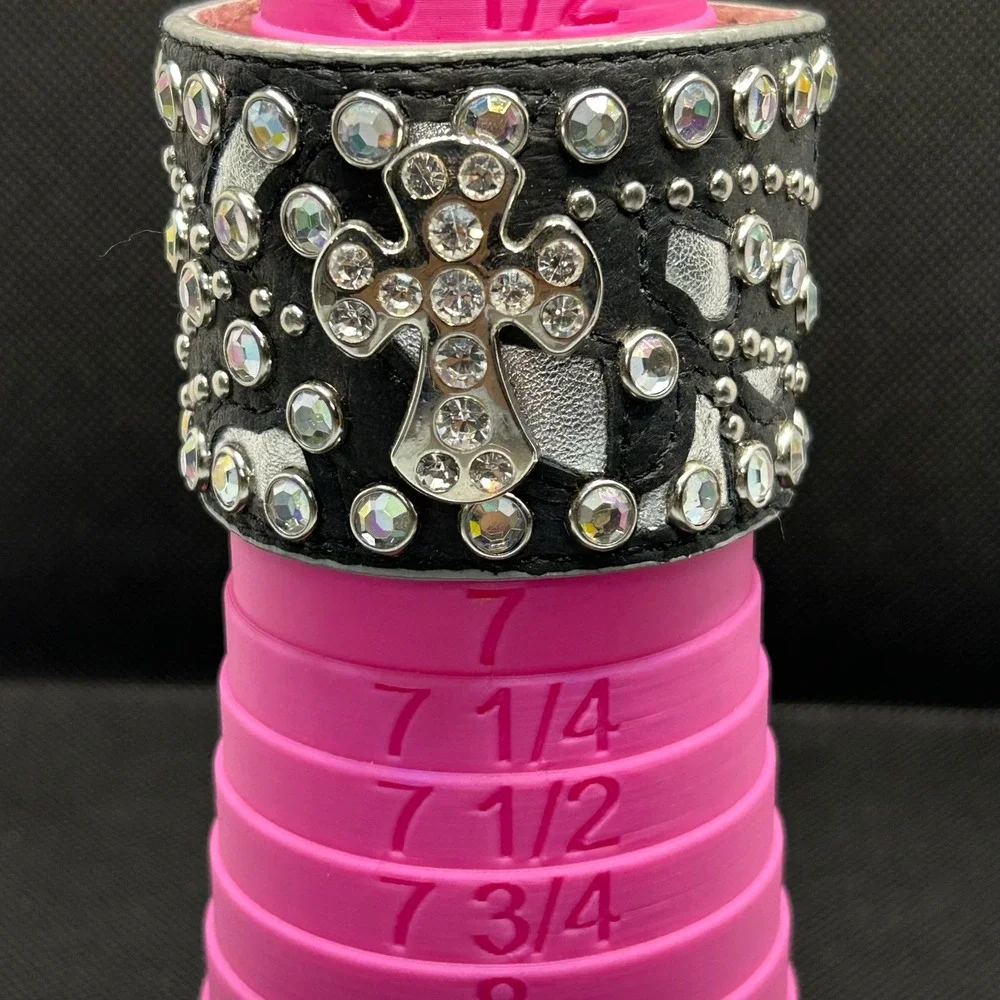 Punk Western Leather Cross Cuff Bracelet Black Silver Rhinestone Studded Edgy 7